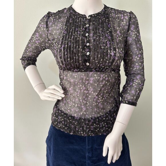 Aeropostale Sheer Black Purple Floral Blouse Ruched Button Front Top size XS - Picture 1 of 6